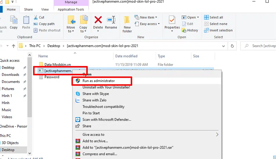 Bước 3: Click vào file đuôi .exe, chọn “Run as adminstrator”.